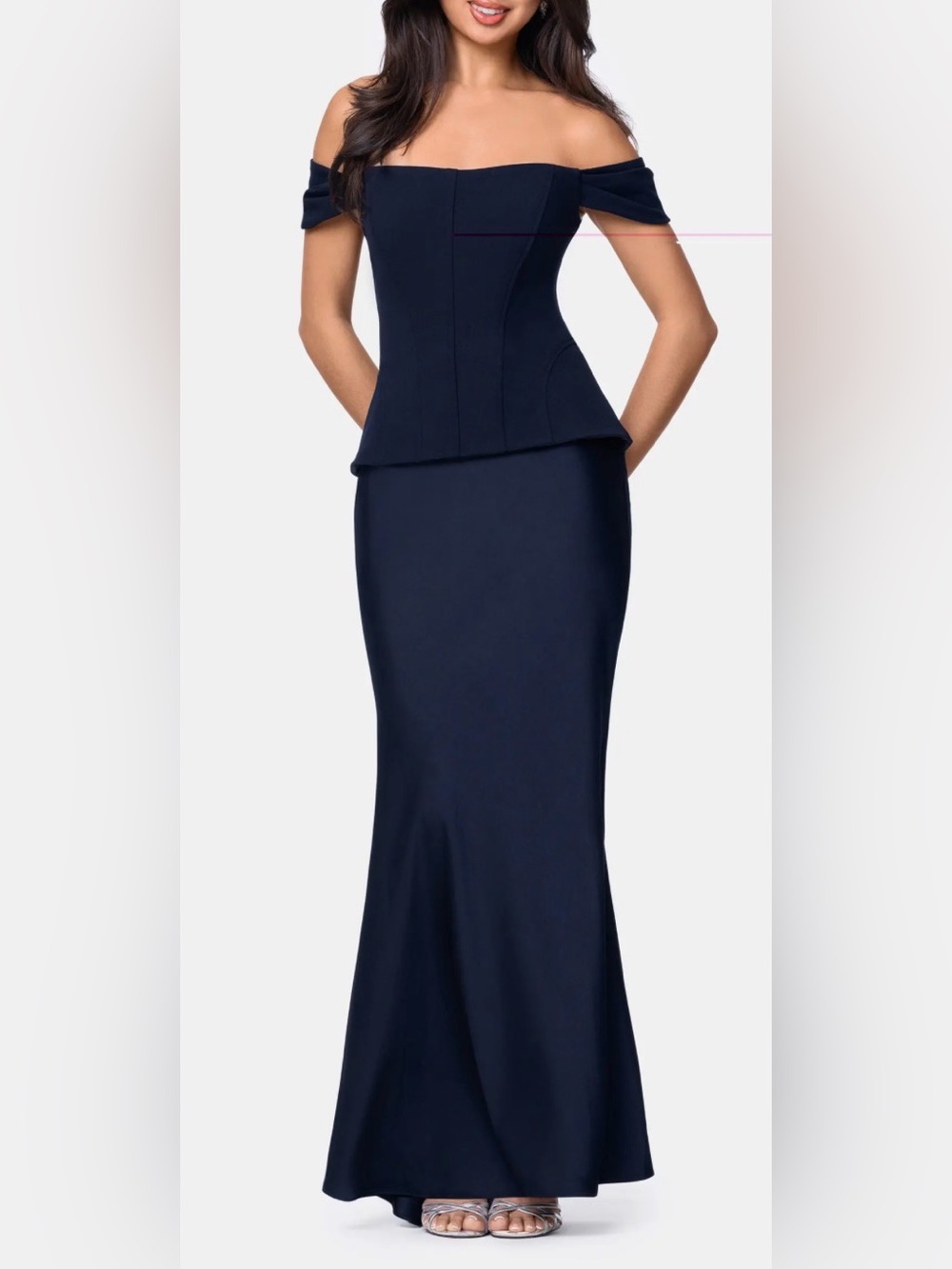 NEW Betsy & Adam Off the Shoulder Mixed Media Satin Navy Gown Sz 12 - Picture 3 of 8